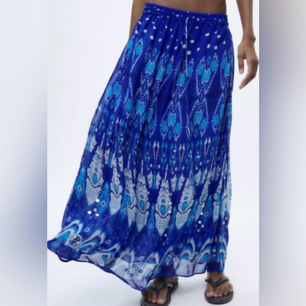 Zara blue printed drawstring midi skirt with sequin and bead appliqué details